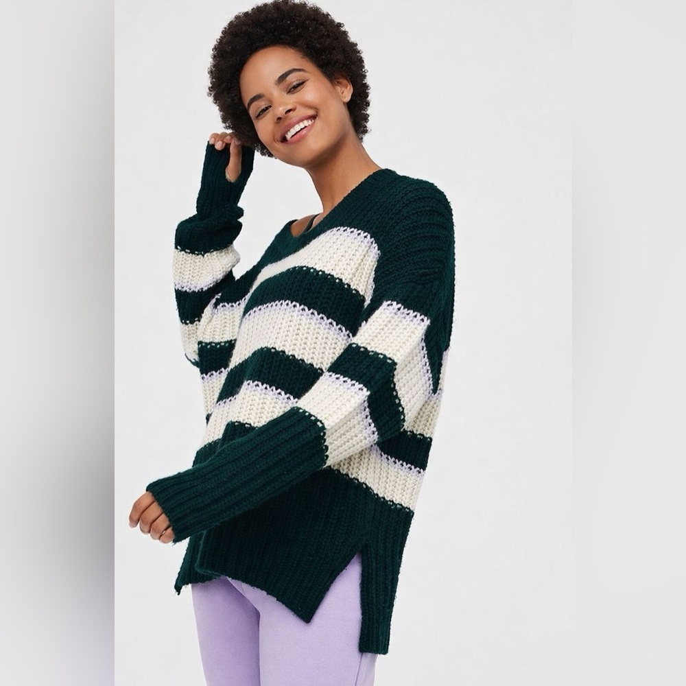 Aerie Offline Bundle Up Striped Rib Chunky Knit Sweater